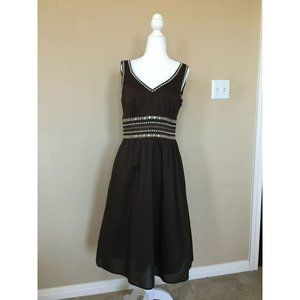 Loft Women Brown A-Line V-Neck Dress Floral Embroidery With Sequins Size: S